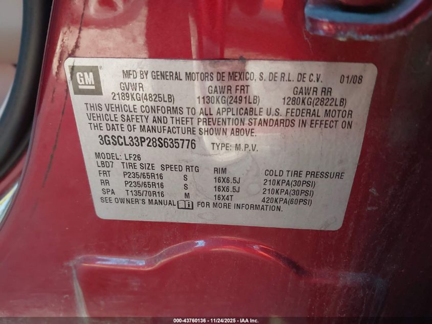 2008 Saturn Vue 4-Cyl Xe VIN: 3GSCL33P28S635776 Lot: 43760136