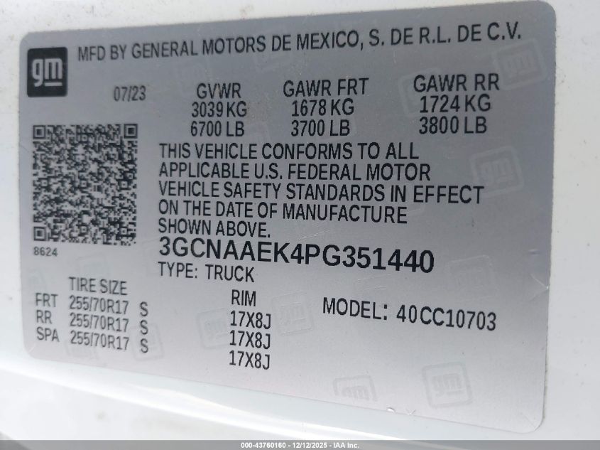 2023 Chevrolet Silverado 1500 2Wd Standard Bed Wt VIN: 3GCNAAEK4PG351440 Lot: 43760160