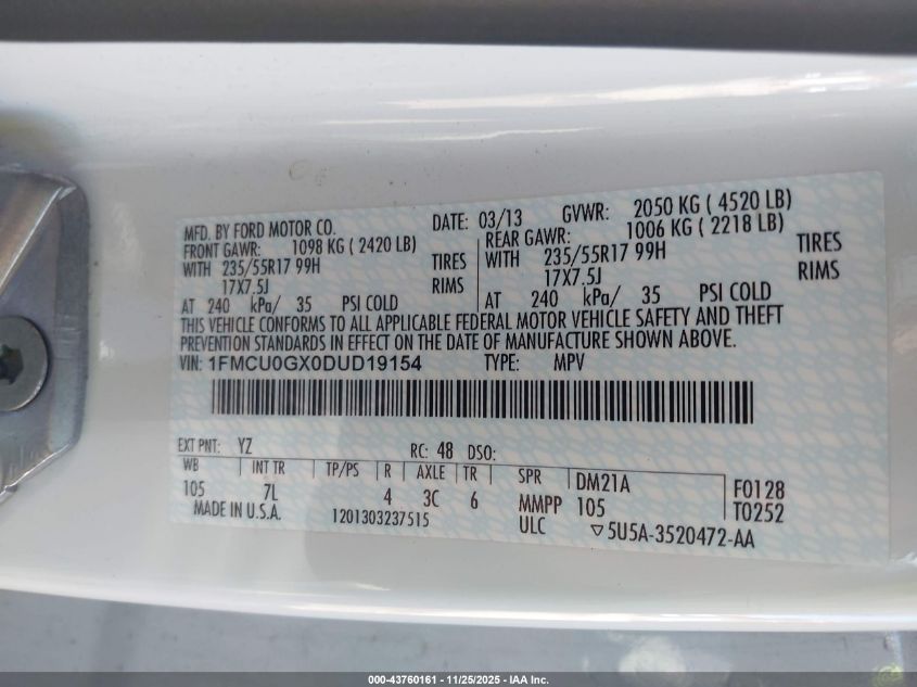 2013 Ford Escape Se VIN: 1FMCU0GX0DUD19154 Lot: 43760161