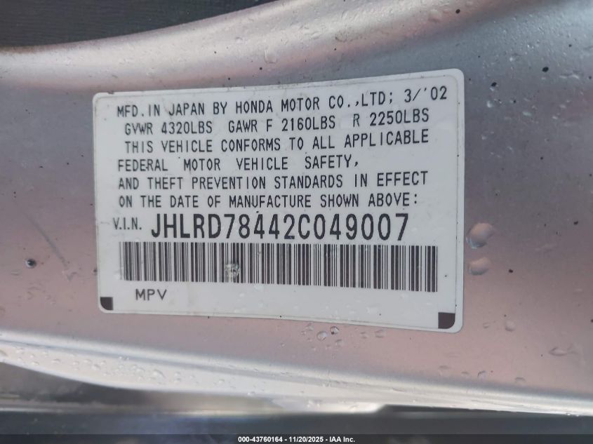2002 Honda Cr-V Lx VIN: JHLRD78442C049007 Lot: 43760164