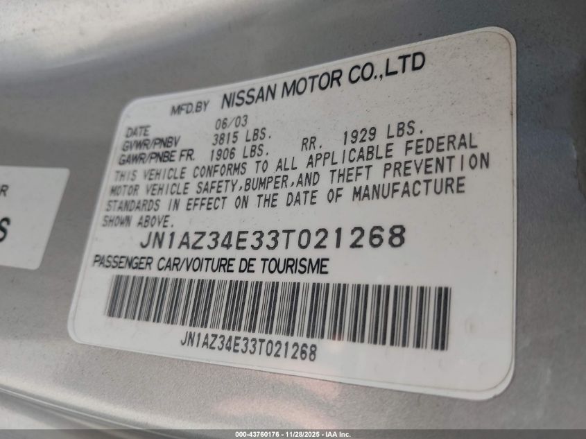 2003 Nissan 350Z Touring VIN: JN1AZ34E33T021268 Lot: 43760176