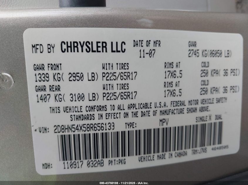 2008 Dodge Grand Caravan Sxt VIN: 2D8HN54X58R656139 Lot: 43760186