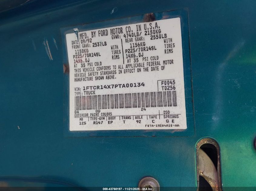 1993 Ford Ranger Super Cab VIN: 1FTCR14X7PTA00134 Lot: 43760197