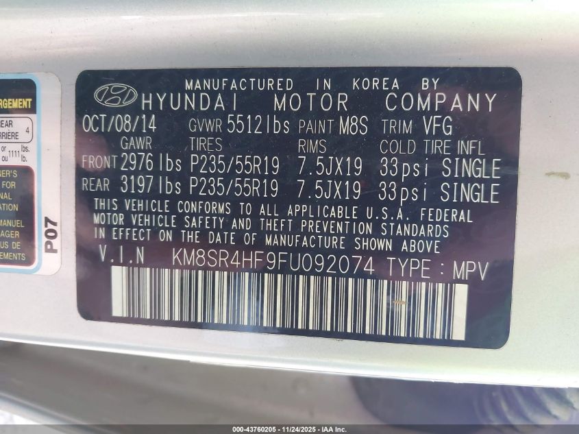 2015 Hyundai Santa Fe Limited VIN: KM8SR4HF9FU092074 Lot: 43760205