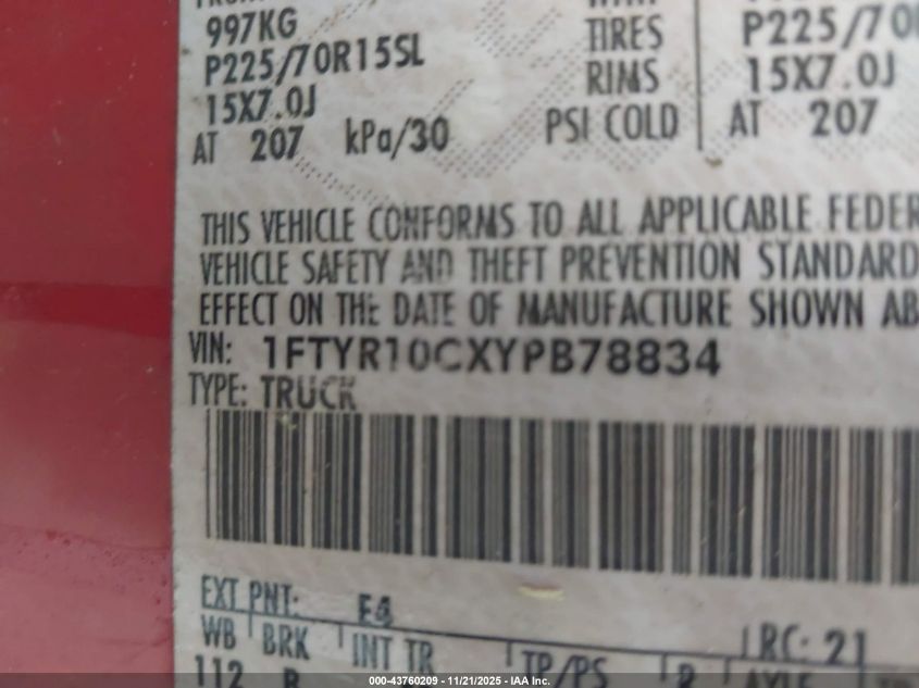 2000 Ford Ranger Xl/Xlt VIN: 1FTYR10CXYPB78834 Lot: 43760209