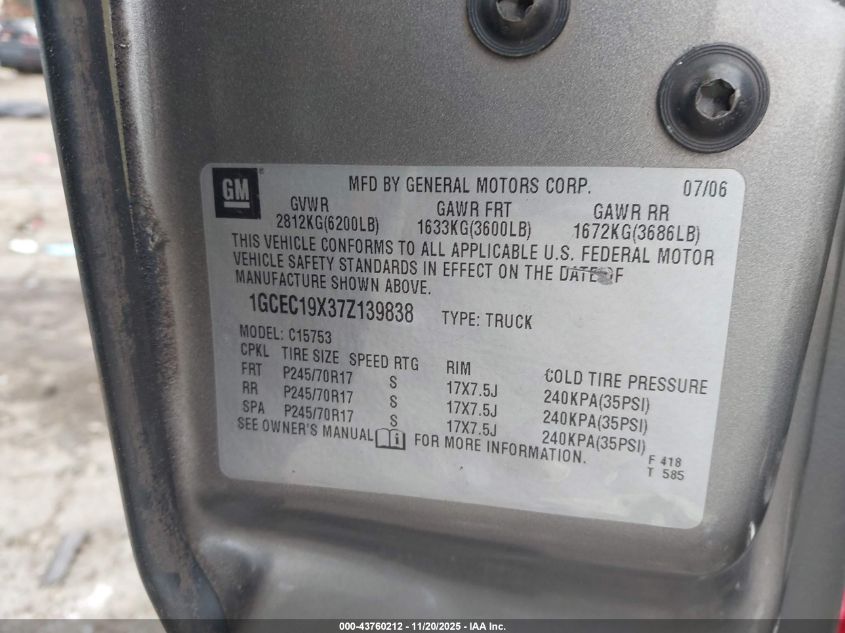 2007 Chevrolet Silverado 1500 Classic Work Truck VIN: 1GCEC19X37Z139838 Lot: 43760212