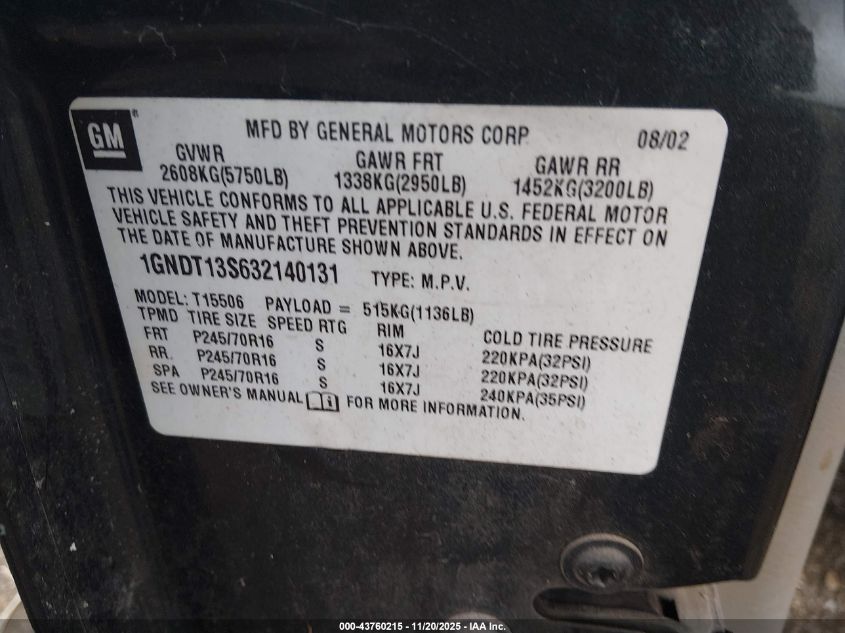 2003 Chevrolet Trailblazer Ls VIN: 1GNDT13S632140131 Lot: 43760215