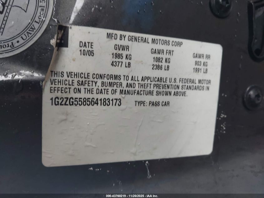 2006 Pontiac G6 VIN: 1G2ZG558564183173 Lot: 43760219