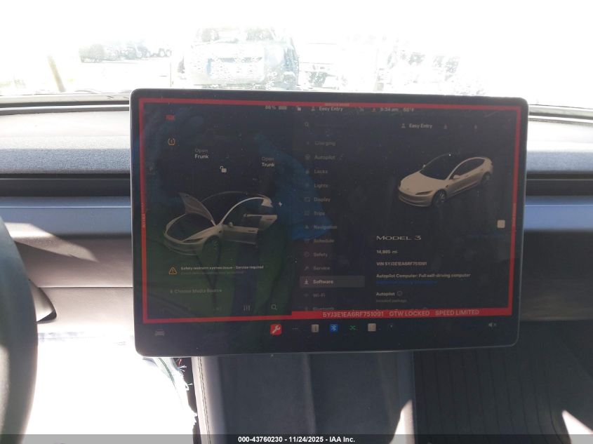 2024 Tesla Model 3 Long Range Dual Motor All-Wheel Drive/Rear-Wheel Drive VIN: 5YJ3E1EA6RF751091 Lot: 43760230