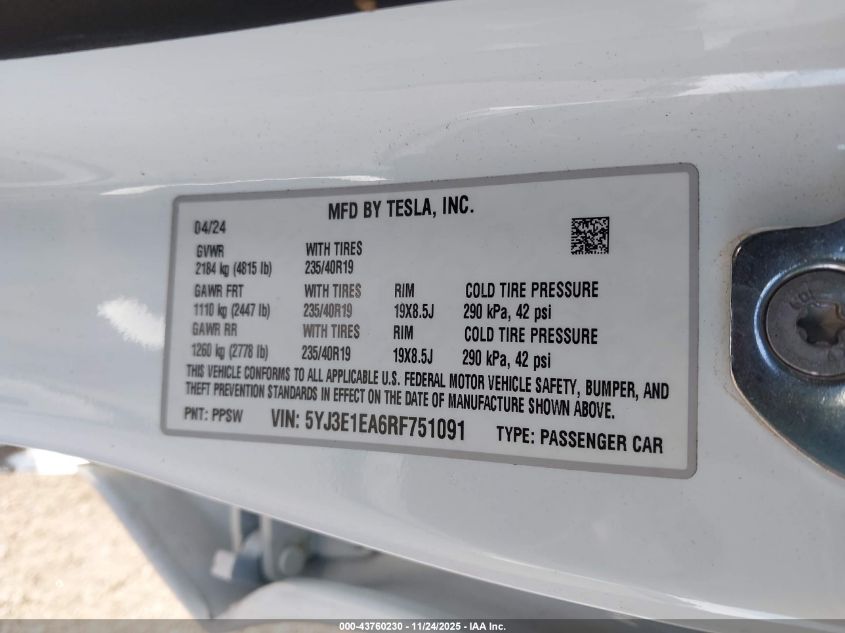 2024 Tesla Model 3 Long Range Dual Motor All-Wheel Drive/Rear-Wheel Drive VIN: 5YJ3E1EA6RF751091 Lot: 43760230