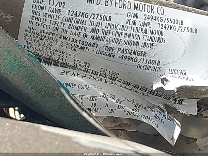 2003 Ford Crown Victoria Lx VIN: 2FAFP74W13X162681 Lot: 43760250