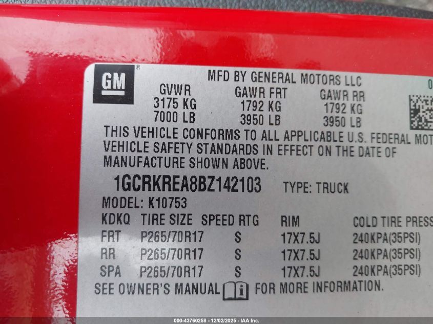 2011 Chevrolet Silverado 1500 Ls VIN: 1GCRKREA8BZ142103 Lot: 43760258