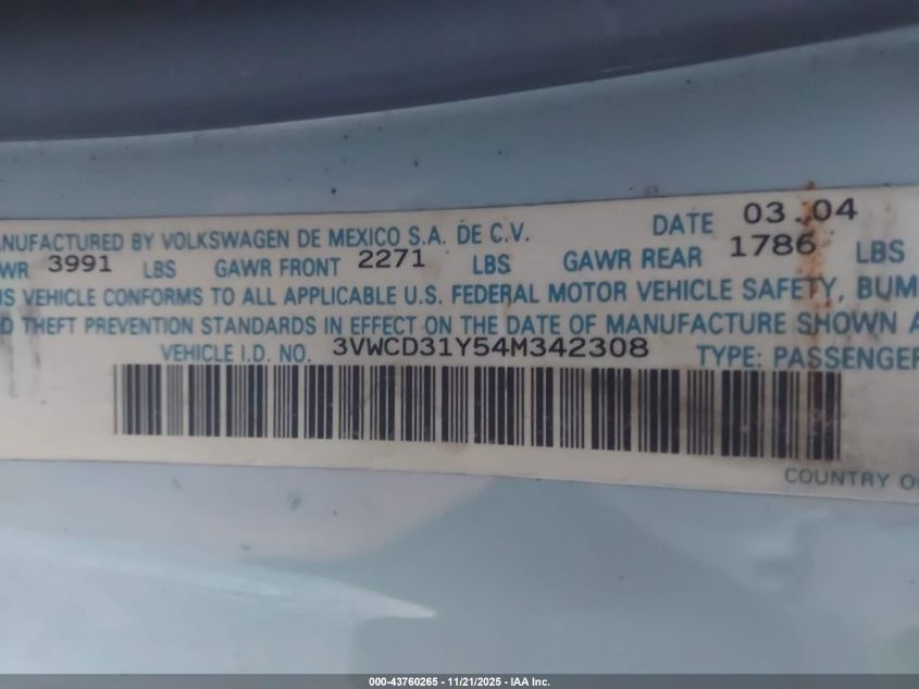 2004 Volkswagen New Beetle Gls 1.8T VIN: 3VWCD31Y54M342308 Lot: 43760265