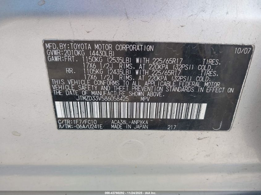 2008 Toyota Rav4 VIN: JTMZD33V586058425 Lot: 43760292