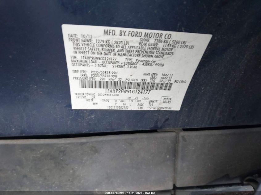 2012 Ford Taurus Sel VIN: 1FAHP2EW9CG124177 Lot: 43760298