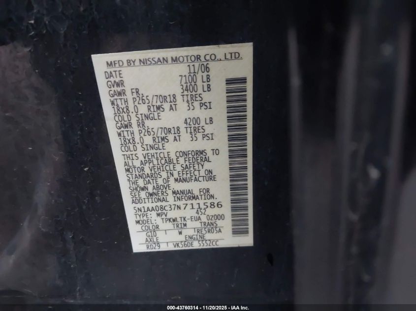 2007 Nissan Armada Se VIN: 5N1AA08C37N711586 Lot: 43760314