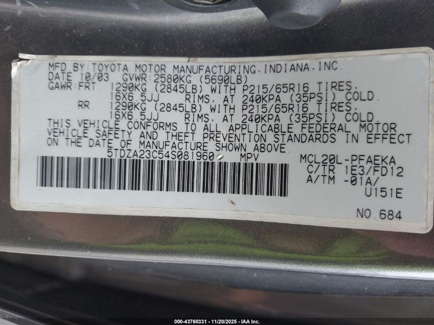 2004 Toyota Sienna Le VIN: 5TDZA23C54S081960 Lot: 43760331