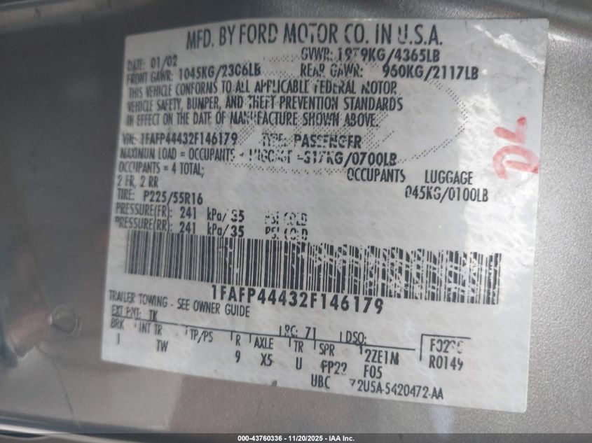 2002 Ford Mustang VIN: 1FAFP44432F146179 Lot: 43760336