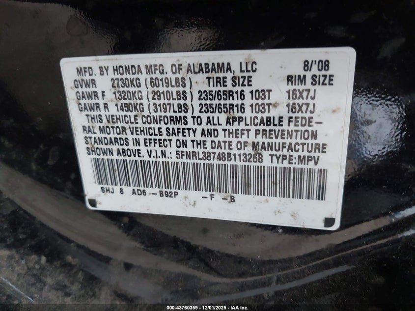 5FNRL38748B113268 2008 HONDA ODYSSEY photo no. 9