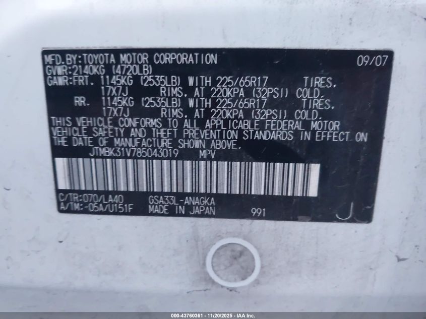 2008 Toyota Rav4 Limited V6 VIN: JTMBK31V785043019 Lot: 43760361