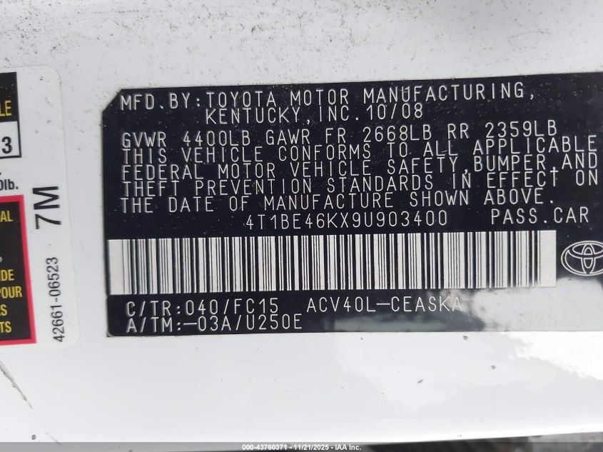 2009 Toyota Camry Se VIN: 4T1BE46KX9U903400 Lot: 43760371
