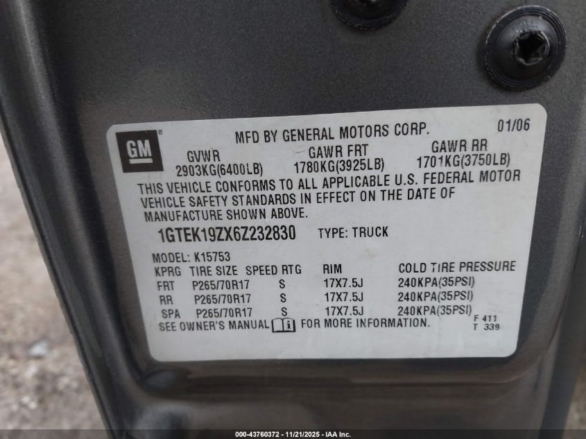 2006 GMC Sierra 1500 Sle1 VIN: 1GTEK19ZX6Z232830 Lot: 43760372