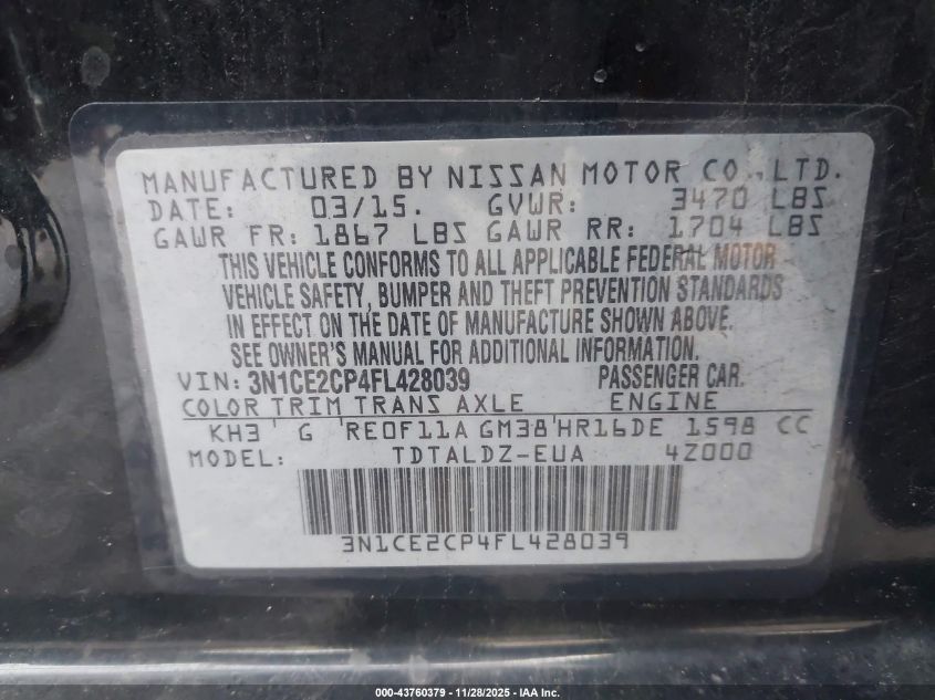 2015 Nissan Versa Note Sv VIN: 3N1CE2CP4FL428039 Lot: 43760379