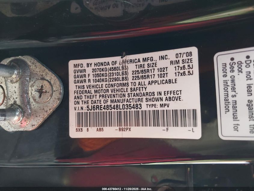 2008 Honda Cr-V Ex VIN: 5J6RE48548L035483 Lot: 43760412