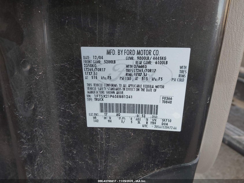 2005 Ford F-250 Lariat/Xl/Xlt VIN: 1FTSX21P65EB81241 Lot: 43760417