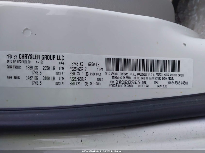 2013 Chrysler Town & Country Touring VIN: 2C4RC1BG9DR776573 Lot: 43760416