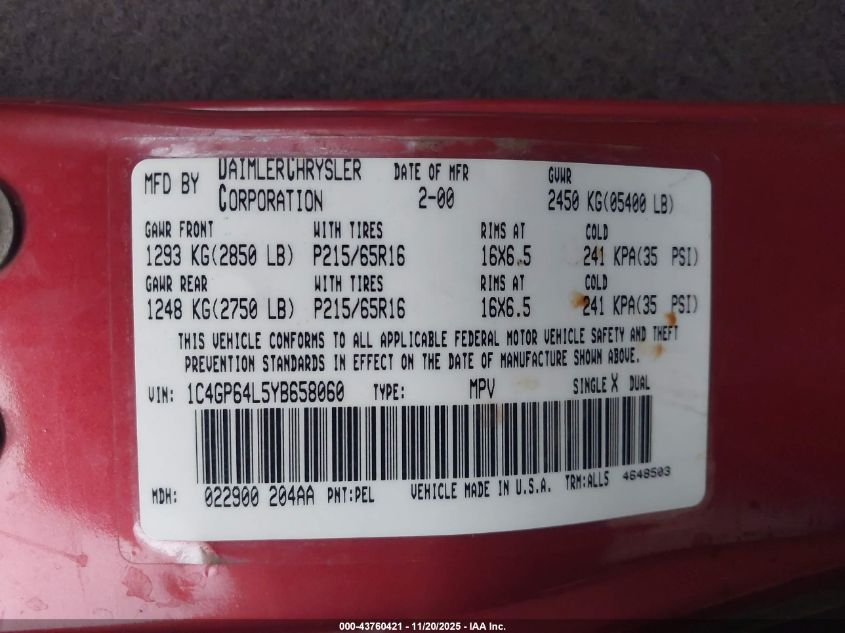 2000 Chrysler Town & Country Limited VIN: 1C4GP64L5YB658060 Lot: 43760421