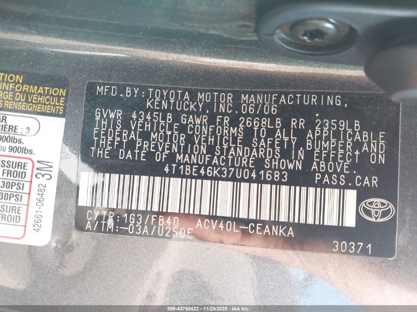 2007 Toyota Camry Le VIN: 4T1BE46K37U041683 Lot: 43760422