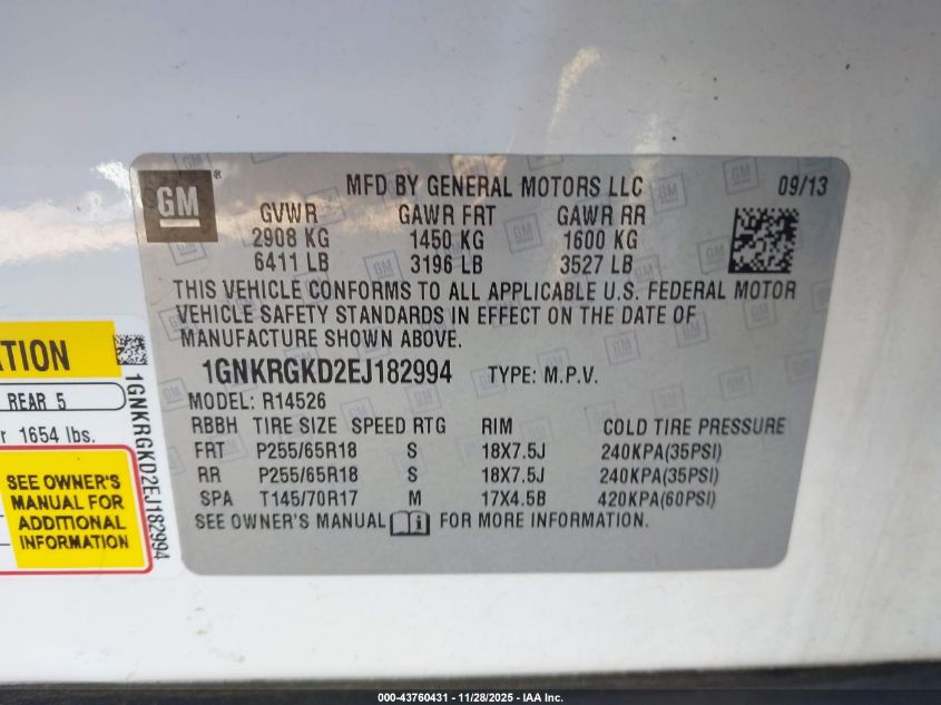 2014 Chevrolet Traverse 1Lt VIN: 1GNKRGKD2EJ182994 Lot: 43760431