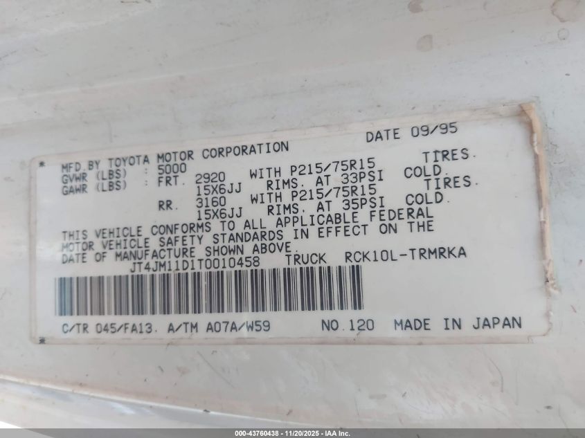 1996 Toyota T100 VIN: JT4JM11D1T0010458 Lot: 43760438