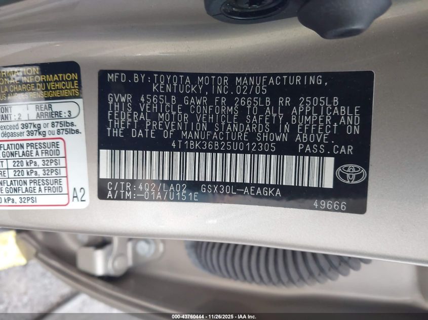 2005 Toyota Avalon Xls VIN: 4T1BK36B25U012305 Lot: 43760444