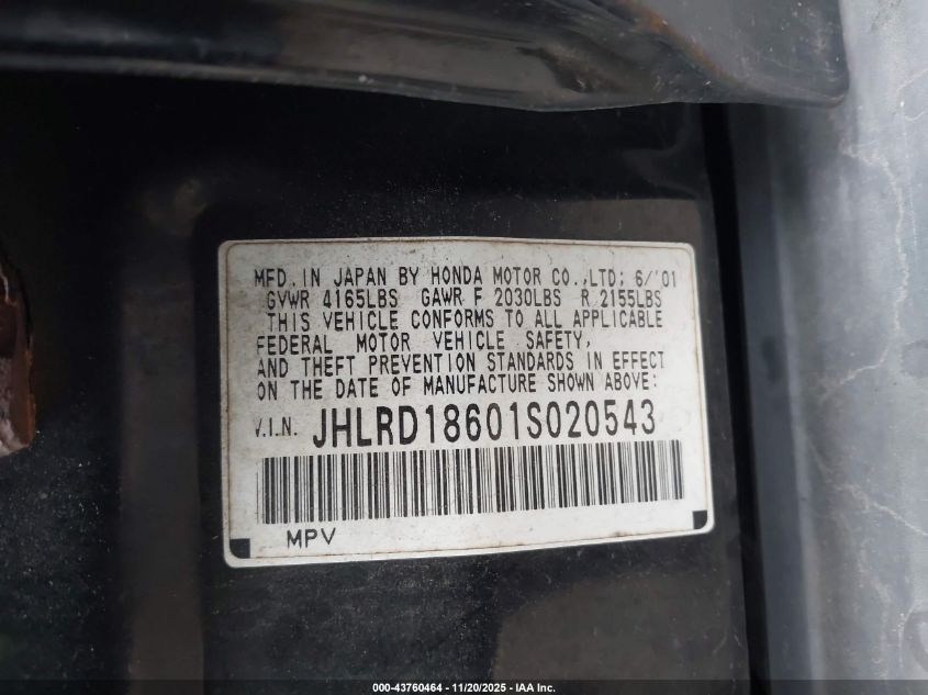 2001 Honda Cr-V Ex VIN: JHLRD18601S020543 Lot: 43760464