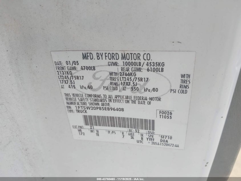 2005 Ford F-250 Lariat/Xl/Xlt VIN: 1FTSW20P85EB96408 Lot: 43760465