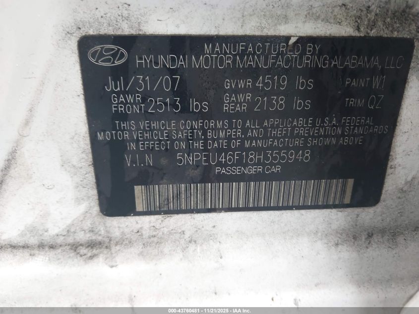 2008 Hyundai Sonata Limited V6/Se V6 VIN: 5NPEU46F18H355948 Lot: 43760481