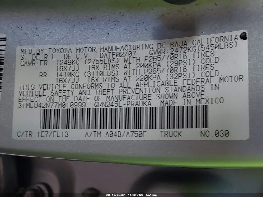 2007 Toyota Tacoma Base V6 VIN: 3TMLU42N77M010999 Lot: 43760487
