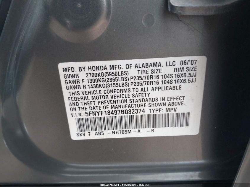2007 Honda Pilot Ex VIN: 5FNYF18497B032374 Lot: 43760501