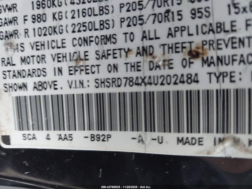 2004 Honda Cr-V Lx VIN: SHSRD784X4U202484 Lot: 43760529