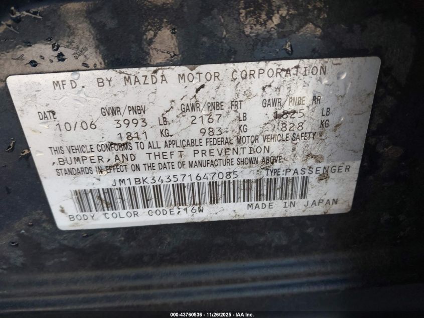 2007 Mazda Mazda3 S Touring VIN: JM1BK343571647085 Lot: 43760536