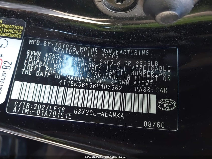 2006 Toyota Avalon Touring VIN: 4T1BK36B56U107362 Lot: 43760547