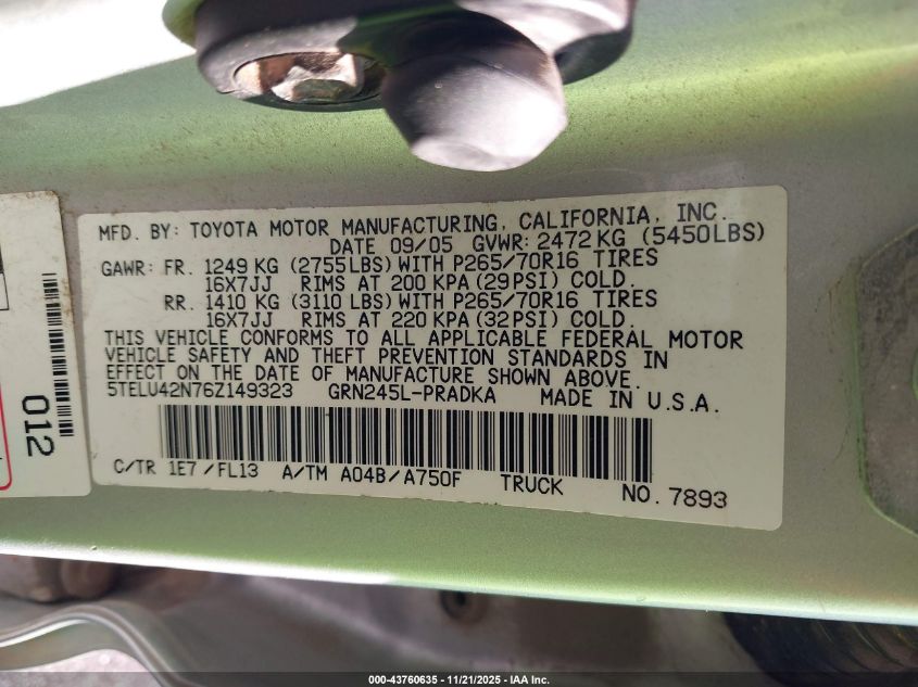 2006 Toyota Tacoma Base V6 VIN: 5TELU42N76Z149323 Lot: 43760635