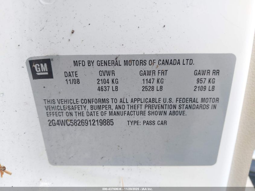 2009 Buick Lacrosse Cx VIN: 2G4WC582691219885 Lot: 43760636