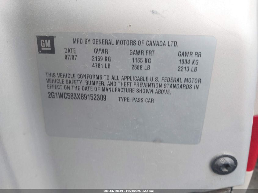 2008 Chevrolet Impala Lt VIN: 2G1WC583X89152309 Lot: 43760649