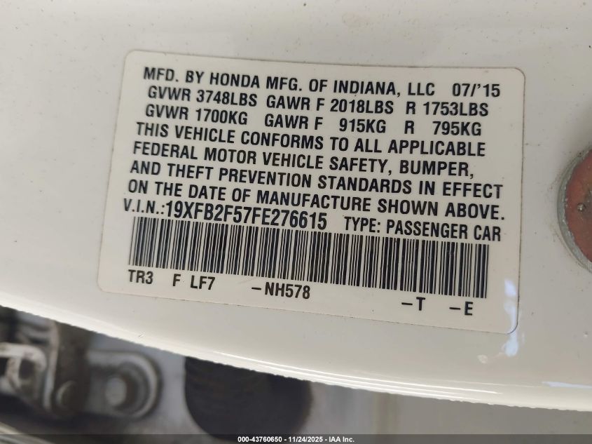 2015 Honda Civic Lx VIN: 19XFB2F57FE276615 Lot: 43760650
