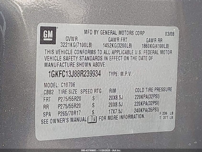 2008 GMC Yukon Slt VIN: 1GKFC13J88R239934 Lot: 43760663