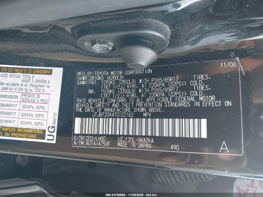 2007 Lexus Gx 470 VIN: JTJBT20X470132162 Lot: 43760666