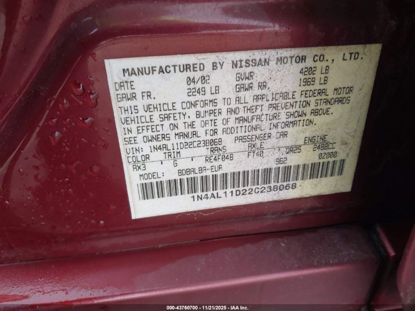 2002 Nissan Altima 2.5 S VIN: 1N4AL11D22C238068 Lot: 43760700